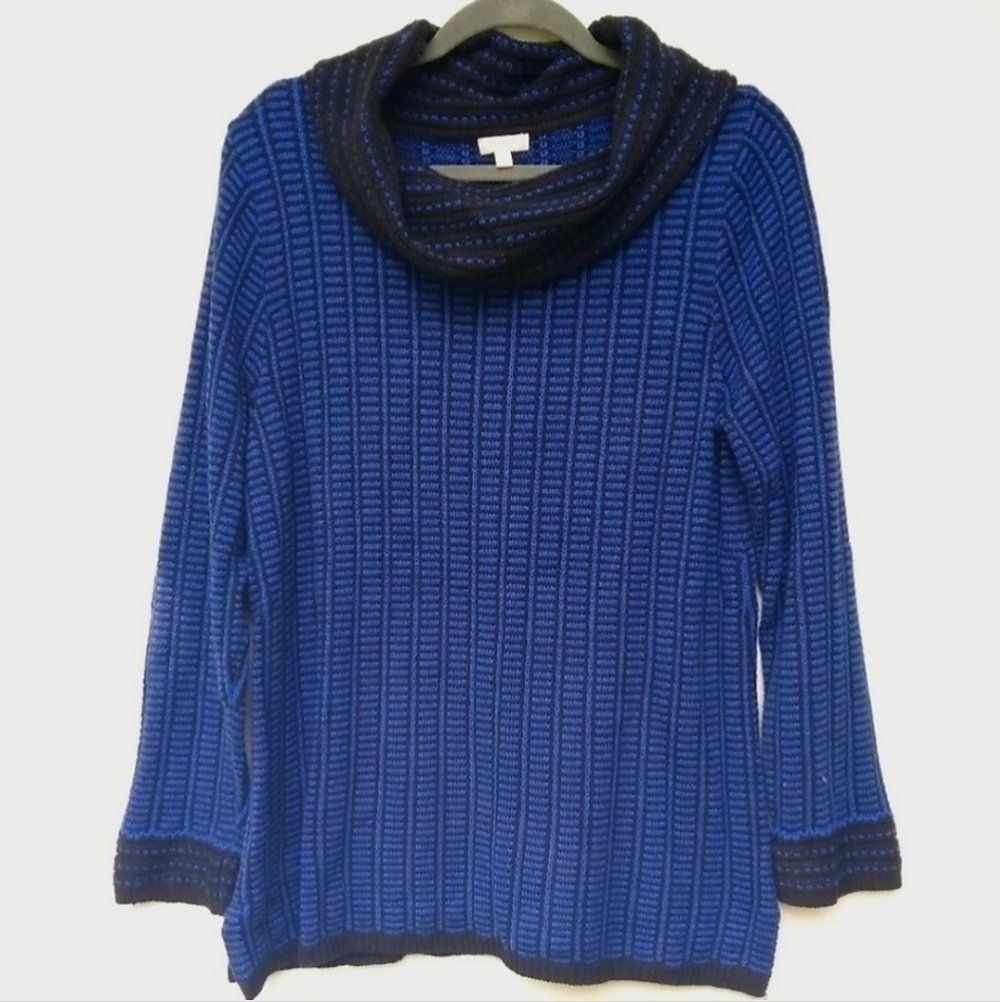 TALBOTS Cowl Neck Blue Black Textured Sweater Women's Medium M Slit Sides EUC